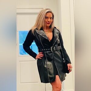 Missguided Black Faux Leather Trench Coat with Knit Sleeves & Belt
